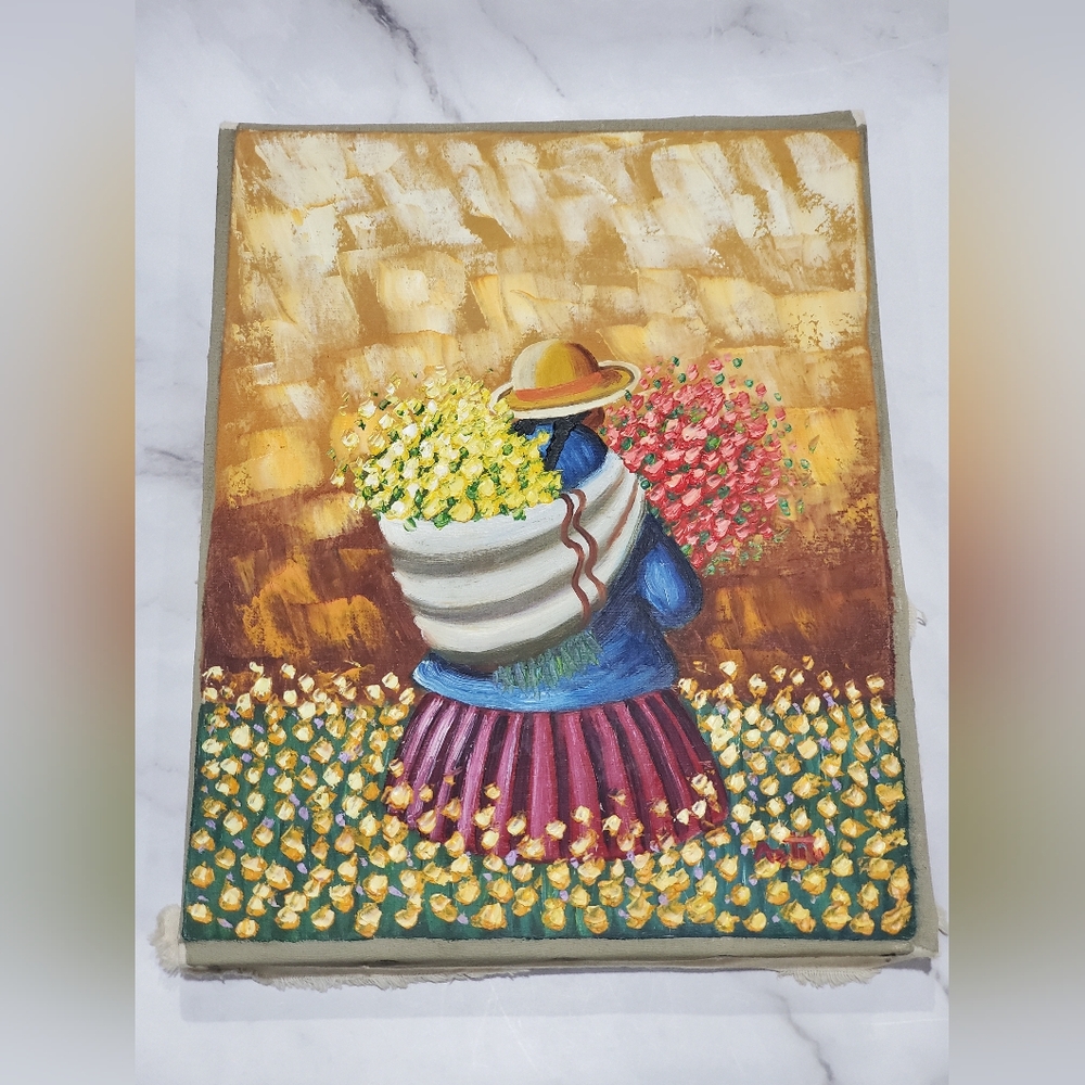 South American Andian Peru Folk Art Original Oil Panting Flower Harvest Woman